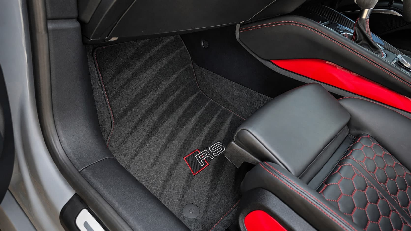 Audi TT RS driver footwell and RS floor mat vacuumed and groomed — interior deep clean detail, Warwickshire