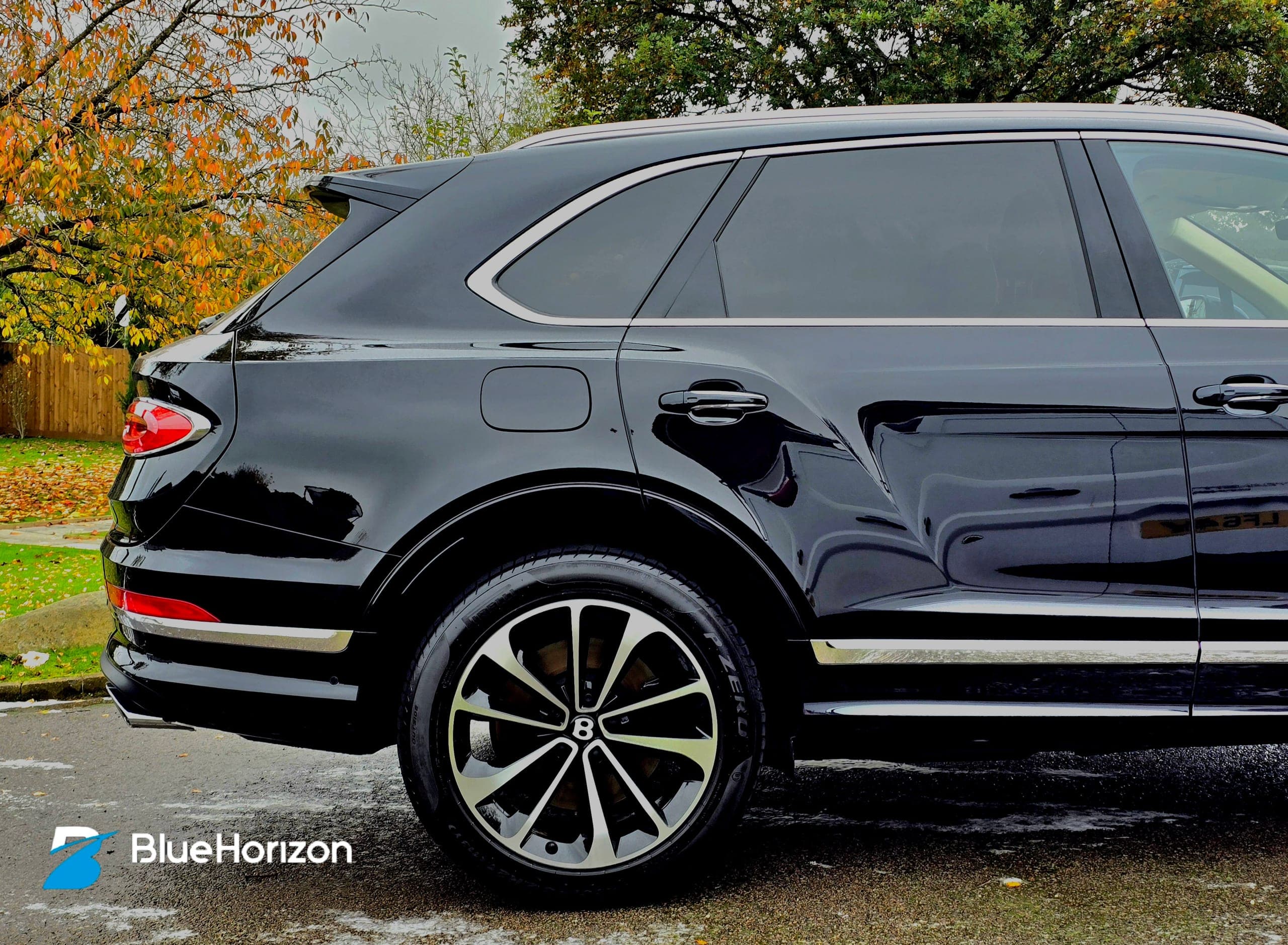 Bentley Bentayga front quarter with deep gloss finish after paint enhancement by Blue Horizon Detailing, Warwickshire