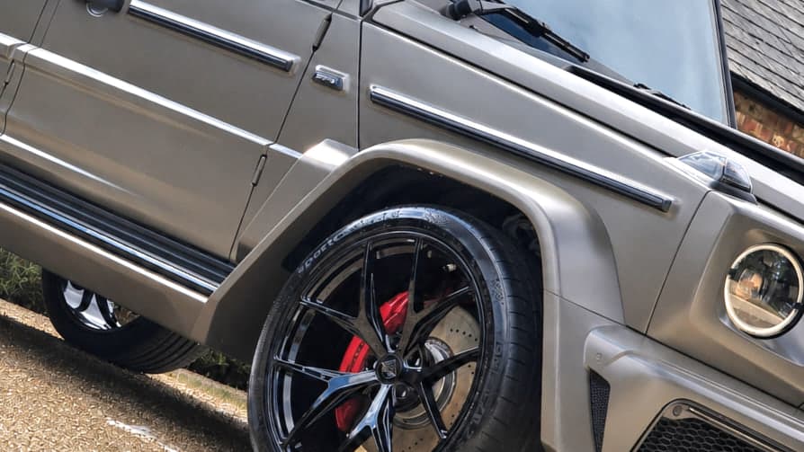 Mercedes-AMG G63 in satin finish showing flank, forged alloy and red caliper after satin-safe treatment by Blue Horizon Detailing, Warwickshire