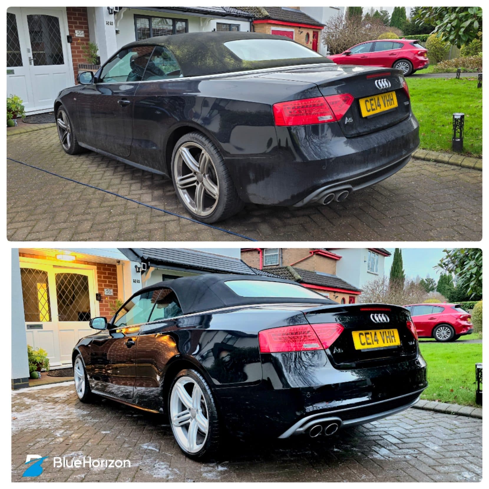 Audi S5 Cabriolet convertible showing immaculate paintwork after professional valet by Blue Horizon Detailing — convertible soft top cleaning and care Warwickshire
