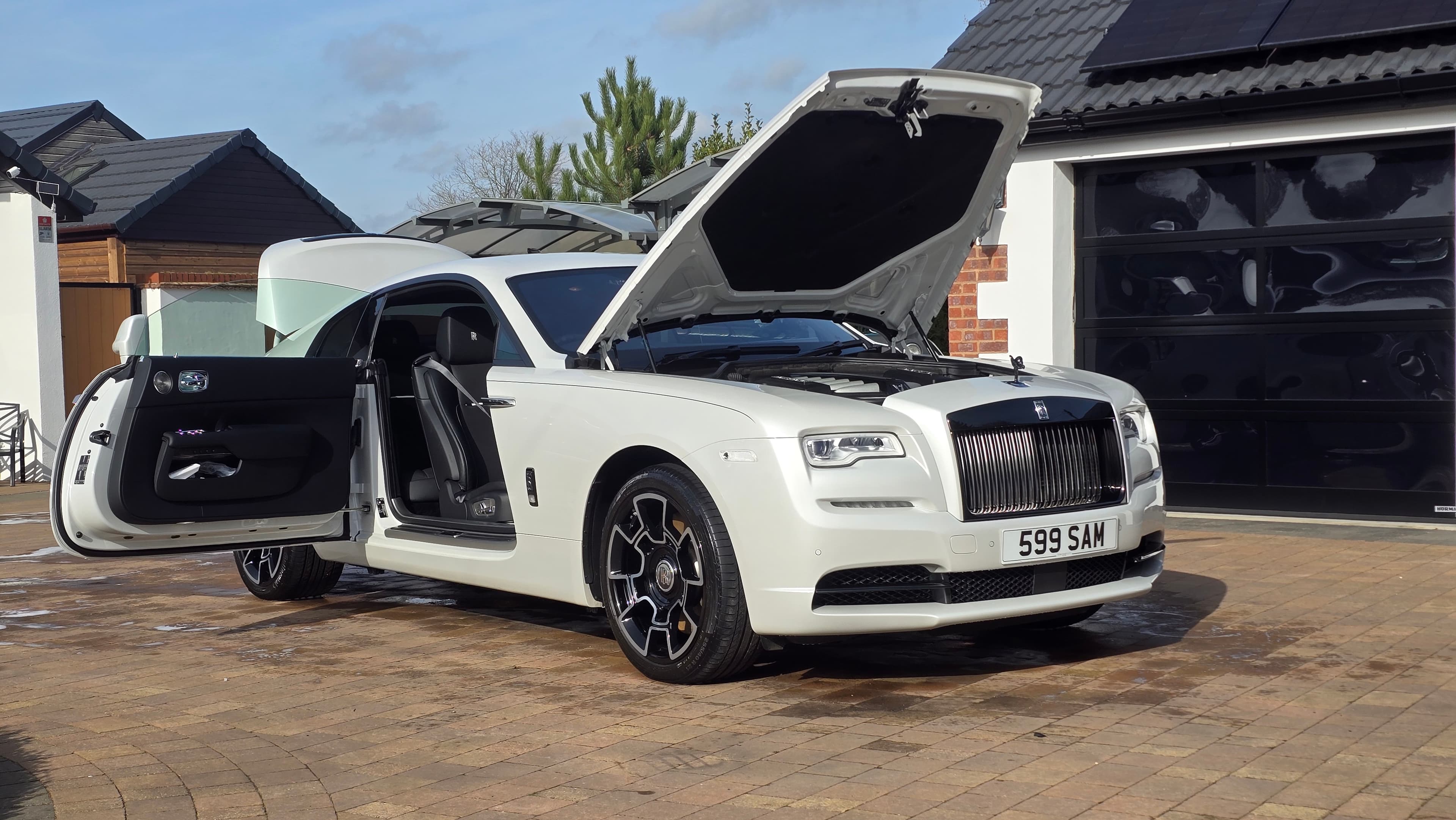 White Rolls-Royce Ghost Black Badge with bonnet and doors open after full deep clean — Blue Horizon Detailing, Warwickshire