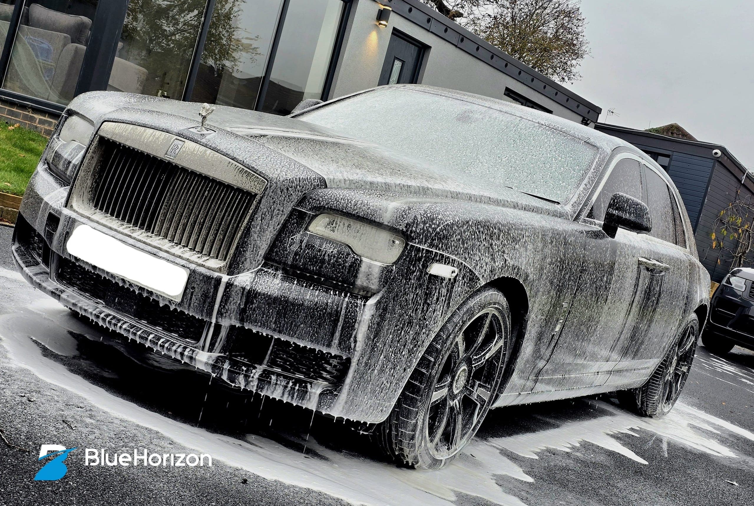Rolls-Royce covered in snow foam during premium pre-wash treatment by Blue Horizon Detailing, Warwickshire