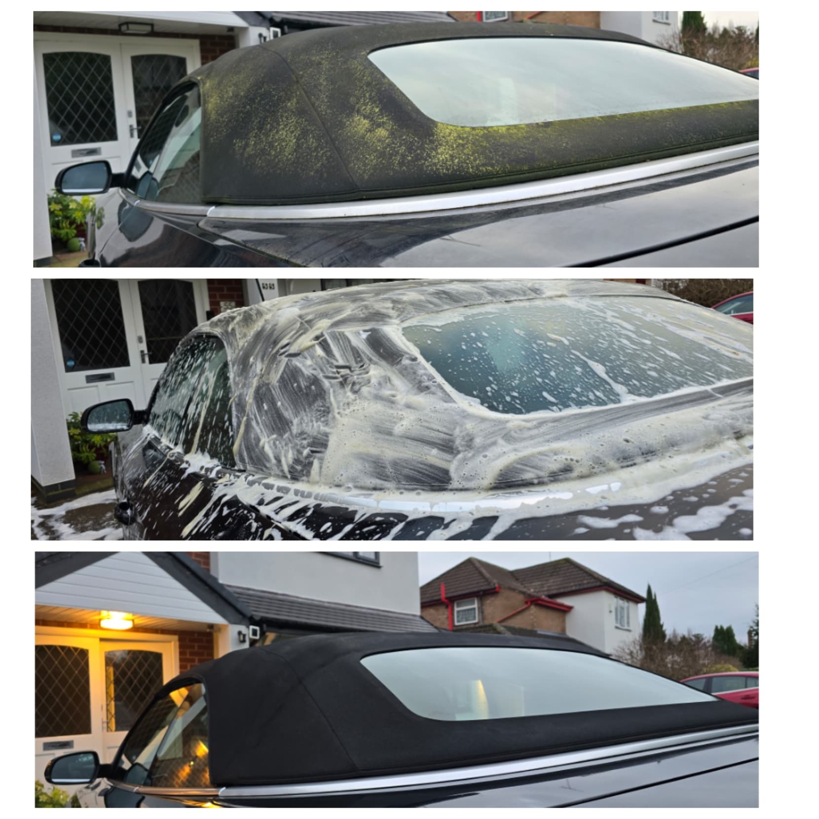 Convertible soft top deep clean process by Blue Horizon Detailing — before showing heavy green algae and mould, during treatment with specialist cleaner, and after showing clean restored black fabric
